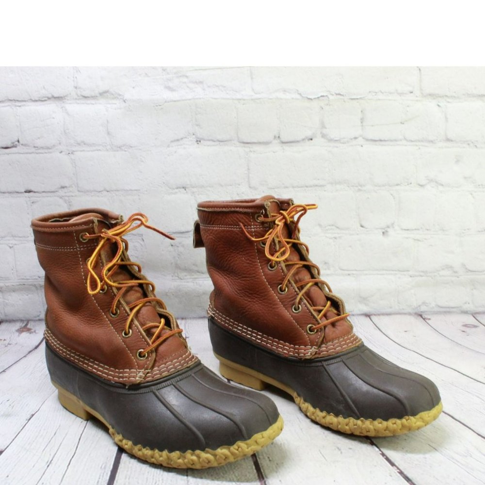 LL Bean Brown Leather Lace Up Plaid Lined Ankle Duck Boots Size 9 M - Picture 3 of 9